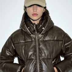 Questions? Leave A Comment Below! Brown Puffer Jacket, Zara Leather Jacket, Leather Puffer Jacket, Brown Puffer, Leather Puffer, Moto Biker Jacket, Zara Jacket, Faux Leather Biker Jacket, Soft Jacket