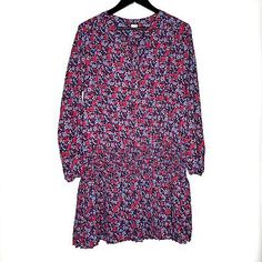 Casual Red Long Sleeve Dress, Red Floral Print Mini Dress For Casual Occasions, Red Knee-length Dress With Floral Print, Red Floral Print Knee-length Dress, Casual Red Dresses For Dress Down Occasions, Casual Long Sleeve Pink Dress For Fall, Casual Pink Floral Dress For Fall, Gap Knee-length Midi Dress For Daywear, Red Long Sleeve Daywear Dress