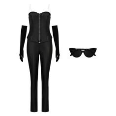 a women's black corset and sunglasses are shown in front of a white background