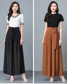 * Wide-leg skirt-shaped pants spun with high-quality chiffon fabric. * Wide waistband and A-line shape, make you look more taller and thinner. * With a same color belt and two side pockets. * With split on the hem and half lined. *Material: 100% chiffon *Let us know your regular size and overall height in your country. *The waist size and length can be customized. *Size: True to US size, can provide US 0 to US 20 , you can tell us your usual size and height when ordering. * Shipping: Free shippi Brown High Waist Pleated Skirt, Fitted Wide Leg Brown Maxi Skirt, Elegant Brown Wide Leg Skirt, Elegant Brown Wide Leg Summer Pants, Black Chiffon Pleated Skirt Bottoms, Black Chiffon Long Skirt, Chiffon Stretch Long Skirt, Black Chiffon Pleated Skirt, Black Flowy Chiffon Bottoms