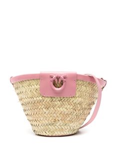 beige/pink raffia calf leather leather trim leather panel signature Love Birds plaque lobster claw fastening adjustable shoulder strap main compartment metal feet Raffia Bucket Bag, Leather Panel, Loafer Mules, Iconic Bags, Woven Design, Pink Tone, Bag Handle, Ballet Flat Shoes, Pump Sandals