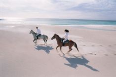 two people are riding horses on the beach