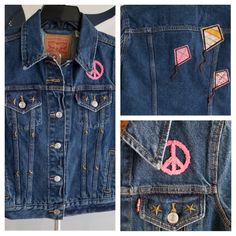 Newlevi Jean Trucker Style Jacket-Embellished Size Xs. This Is Authentic Levi And Has Vintage Style Embellishments On Back And Front. Metal Star Embellishments And The Embellishments On The Back Are 3 Kites And Front Is A Pink Textured Peace Sign. Casual Denim Outerwear For Festival, Casual Denim Festival Outerwear, Casual Denim Jacket With Pockets For Festival, Casual Medium Wash Denim Jacket For Festivals, Casual Denim Jacket For Winter Festival, Casual Winter Festival Denim Jacket, Casual Denim Vest For Fall Festival, Casual Denim Jacket With Patches For Festivals, Levi Jean Jacket