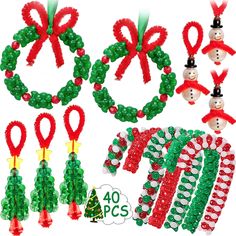 christmas decorations are shown in various styles and colors, including candy canes with snowmen on them