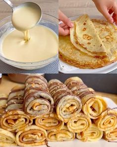 there are many different types of pastries on the table and one is being drizzled with cream