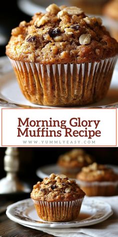 two muffins sitting on top of plates with the words morning glory muffins recipe