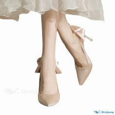 Orcajump - Champagne-colored Wedding Shoes: Elegant Stiletto Heels with Intricate Cut-Out Design, Luxurious Satin Fabric, and Pointed Toes Champagne Wedding Shoes, Champagne Wedding Colors, Women Professional Attire, Pointed High Heels, Leather Mary Jane Flats, Mary Jane Shoes Flat, Low Heel Pumps, Bridal Heels, Wedding Heels