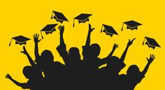 silhouettes of graduates throwing their caps in the air with yellow background and black lettering