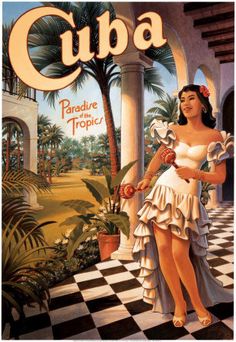 an advertisement for cuba featuring a woman in a white dress