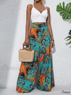 Eromis - Exquisite Bohemian-Inspired Flora Patterned Trousers: Comfortable High-Waist Wide-Leg Palazzo Pants for Women, Ideal for Casual Wear at the Beach or Summer Outings Bohemian Printed Bottoms For Summer, Bohemian Printed Summer Bottoms, Bohemian Printed Bottoms For Vacation, Tropical Printed Pants For Beach, Tropical Style Printed Pants For Beach, Bohemian Printed Bottoms For Beach Season, Green Printed Beach Pants, Green Wide Leg Pants For Summer Vacation, Tropical Printed Summer Pants