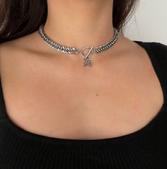 "Silver Letter Charm, Chain Choker with Toggle Closure // A nice touch of personalization with an Old English letter ♡ DETAILS: ★Stainless Steel ⛓ ★Non-tarnish: Wear it all day, everyday, in the pool, in the shower, and while you workout without the worry of it changing color. ★Hypoallergenic: Safer for most skin types DETAILS: ★ Model wears 15\" option in photos ★ Links: 9mm wide ★ All components of necklace are stainless steel ★ Affordable//Quality Find Similar Necklace Here: https://www.etsy. Whimsigoth Style, Chunky Gold Necklaces, Letter Charm Necklace, Fairycore Grunge, San Juan Capistrano, Opposites Attract, Charm Necklace Silver, Letter Charm, Gold Charm Necklace