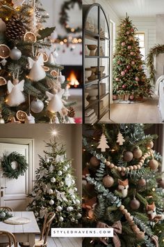 christmas trees decorated with ornaments and garlands are shown in three different pictures, one is green