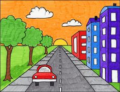 a drawing of a red car driving down the road in front of some tall buildings