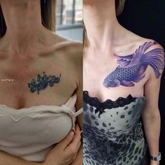 two women with tattoos on their chest and one has a fish tattoo on her chest