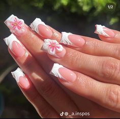 Flower And Gem Nails, Gel Flower Nails, Nails With White French, Nails With White, 3d Flower Nails, Diy Acrylic Nails, Colored Acrylic Nails