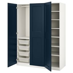 an open white and blue closet with shelves on both sides, one door opened to reveal the other