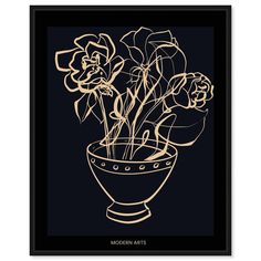 a black and gold print with flowers in a vase on a dark background that says modern arts