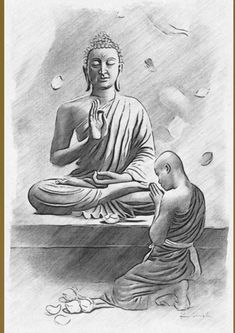 a drawing of a buddha sitting in front of another person with their hands clasped together