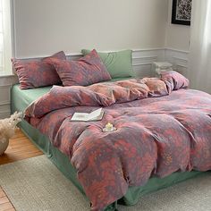 a bed sitting in a bedroom next to a window with two stuffed animals on the floor