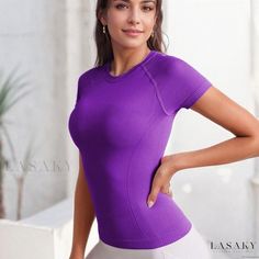 Lasaky - Seamless Round Neck Yoga Short Sleeve Outdoor Sports Top Fitness Breathable High Elastic Slim Fit Shirt Purple Moisture-wicking Training Tops, Functional Purple Sports Top, Seamless Tops With Medium Support For Light Exercise, Breathable Purple Tops For Sports, Purple Sportswear Tops For Training, Purple Sportswear Training Top, Purple High Stretch Athleisure Tops, Purple Short Sleeve Activewear For Sports, Sporty Stretch Purple T-shirt