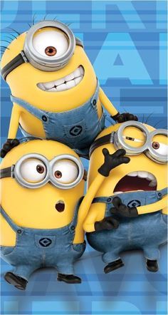 three minions from despicable me standing next to each other in front of a blue background