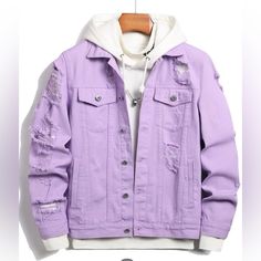 Very Light Weight, Soft, Lilac Purple Denim Coat. Never Worn. Purple Jacket Outfit, Purple Shoes Outfit, Jean Jacket Outfits Men, Aesthetic Male Outfits, Hoodie Outfit Men, Casual Denim Jacket, Purple Jeans, Purple Hoodie, Denim Shirt Men