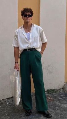 Chic Mens Fashion Summer, Trendy Men’s Wedding Outfit, Men’s Brown Trousers Outfit, Men’s 80s Outfits Party, 70s Style Men Summer, Men’s Fashion Show Outfit, Men’s Fashion Button Up, Artsy Man Outfit, Madrid Mens Fashion