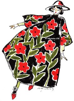 a drawing of a woman in a black and red dress with flowers on the skirt