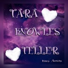 two white hearts floating in the sky with words tara knows teller