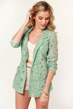 <3 Love this blazer !! Net Cardigan, Lace Blazer Jacket, Lace Blazer, Dresses Trendy, Green Blazer, Lace Jacket, Floral Blazer, Tops Fashion