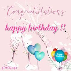 congratulations card with balloons and confetti in the air, on a pink background