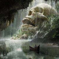 a painting of a man in a boat with a giant skull on the side of it