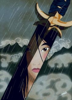 a painting of a woman holding an umbrella in the rain with two horns on her head