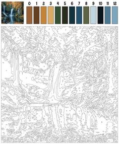 a coloring page with watercoloring and color swatches for the landscape, including an image