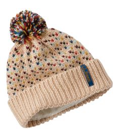 Nostalgic birdseye pattern and a colorful pom make this cozy hat a fun cold-weather staple for every kid. Slightly Fitted. Made from soft 100% recycled polyester yarn. Lined in ultracozy polyester fleece. Handwash, dry flat. Imported. | Kids' Sweater Weather Hat, Synthetic Hat Cream, Kids Winter Hats, Kids Headbands, Hat Accessories, Winter Hats For Men, Kids Fleece, Cozy Hat, Mens Beanie, Winter Hats Beanie