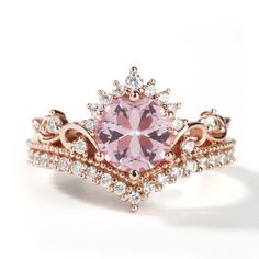 Elegant Formal Jewelry With Tall Crown, Elegant Pink Stackable Rings, Pink Princess Jewelry For Wedding, Princess Style Cubic Zirconia Wedding Jewelry, Elegant Pink Promise Ring Stackable Rings, Elegant Pink Cubic Zirconia Heart Ring, Elegant Pink Crown-shaped Jewelry, Pink Crown-shaped Wedding Jewelry, Luxury Crown Design Cubic Zirconia Rings