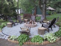 an outdoor fire pit surrounded by chairs and trees