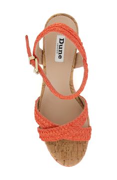 Woven straps and a cork wedge give beach-ready style to this sandal. 3 1/2" heel Adjustable ankle strap with buckle closure; hidden elastic inset Synthetic upper, lining and sole Imported High Heel Cork Sandals For Spring, Cork Platform Sandals For Summer, Spring High Heel Cork Sandals, Summer Platform Cork Sandals, Summer Cork Platform Sandals, Summer Cork Wedge Heels, Cork Open Toe Wedge Sandals For Beach, Open Toe Cork Wedge Sandals For Beach, Spring Beach Wedge Sandals With Cork Material