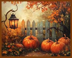 a painting of three pumpkins in front of a fence with a lantern on it