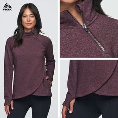 Hang out in comfort and style with the Prime Ready To Roll Fleece Zip Mock Pullover sweatshirt. Its faux wrap hemline creates a flattering, feminine fit while also adding a subtle fashionable detail. The cotton blend fleece fabric is soft and breathable. The asymmetric zip mock neck allows for a customizable fit while providing extra comfort and warmth. Fall Layering Half-zip Activewear, Fall Half-zip Layering Activewear, Heather Athleisure Top For Fall, Sporty Heather Tops For Fall, Fleece Fabric, Pullover Sweatshirt, Mock Neck, Knit Top, What To Wear