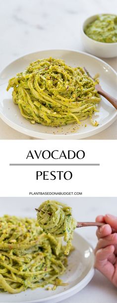 avocado pesto on a white plate with a spoon in it and the recipe below