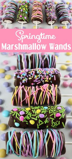 chocolate covered marshmallow wands with sprinkles on them and the text overlay says springtime marshmallow wands