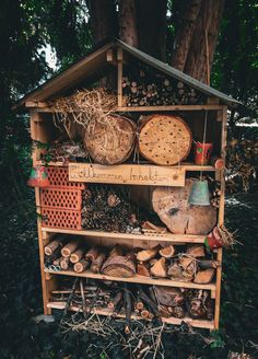 a wooden shelf filled with lots of different types of logs and other things on top of it