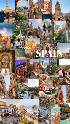 the collage shows many different images of spain, including buildings and people with umbrellas