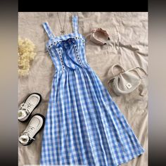 Blue Gingham Dress Blue Gingham Dress, Blue Plaid Dress, Short Sleeve Summer Dresses, Floral Patchwork, Checkered Dress, Vacation Wear, Early Autumn, Blue Gingham, Gingham Dress