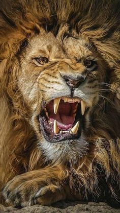 a close up of a lion with its mouth open