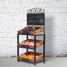 3-Tier Vintage Metal & Wood Produce Stand with Chalkboard Signs - MyGift Enterprise LLC Burnt Wood Finish, Torched Wood, Chalkboard Stand, Chalkboard Easel, Produce Displays, Produce Stand, Large Chalkboard, Chalkboard Decor, Burnt Wood