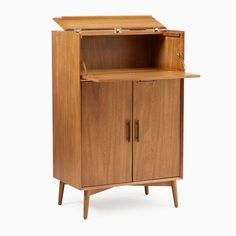 a wooden cabinet with an open door on the top and bottom shelf, against a white background