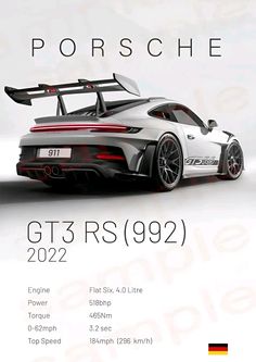 the porsche gt3rs 992 is shown in this advertise for an upcoming car