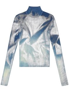 blue/silver-tone cotton ribbed knit metallic effect high neck long sleeves straight hem Avant Garde Aesthetic, Diesel Clothing, Silver Outfits, Womens Knit Tops, Bleached Denim, Marvelous Designer, Mock Neck Top, High Neck Long Sleeve, Knitting Women